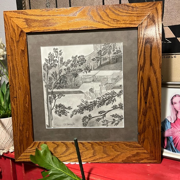 Vintage wooden Framed Signed by Artis lanscape - Artchitecture drawing 21” paper - Picture 2 of 12